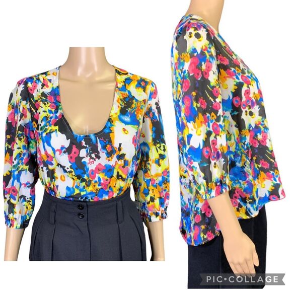 Lovers and Friends Womens Blouse Top Shirt Bright Colorful Hi Low Silky Small - Picture 1 of 13